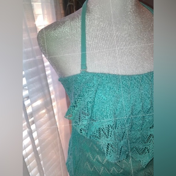 Hula Honey Turquoise Lacey Ruffled Open Back versatile Strap Bikini Top M EUC - Picture 6 of 14